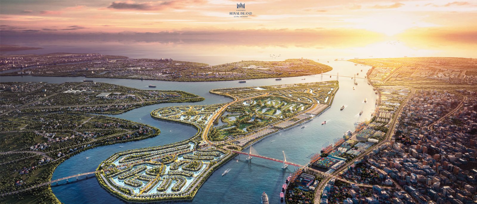 Toàn cảnh đảo Vũ Yên và Vinhomes Royal Island nhìn từ trên cao